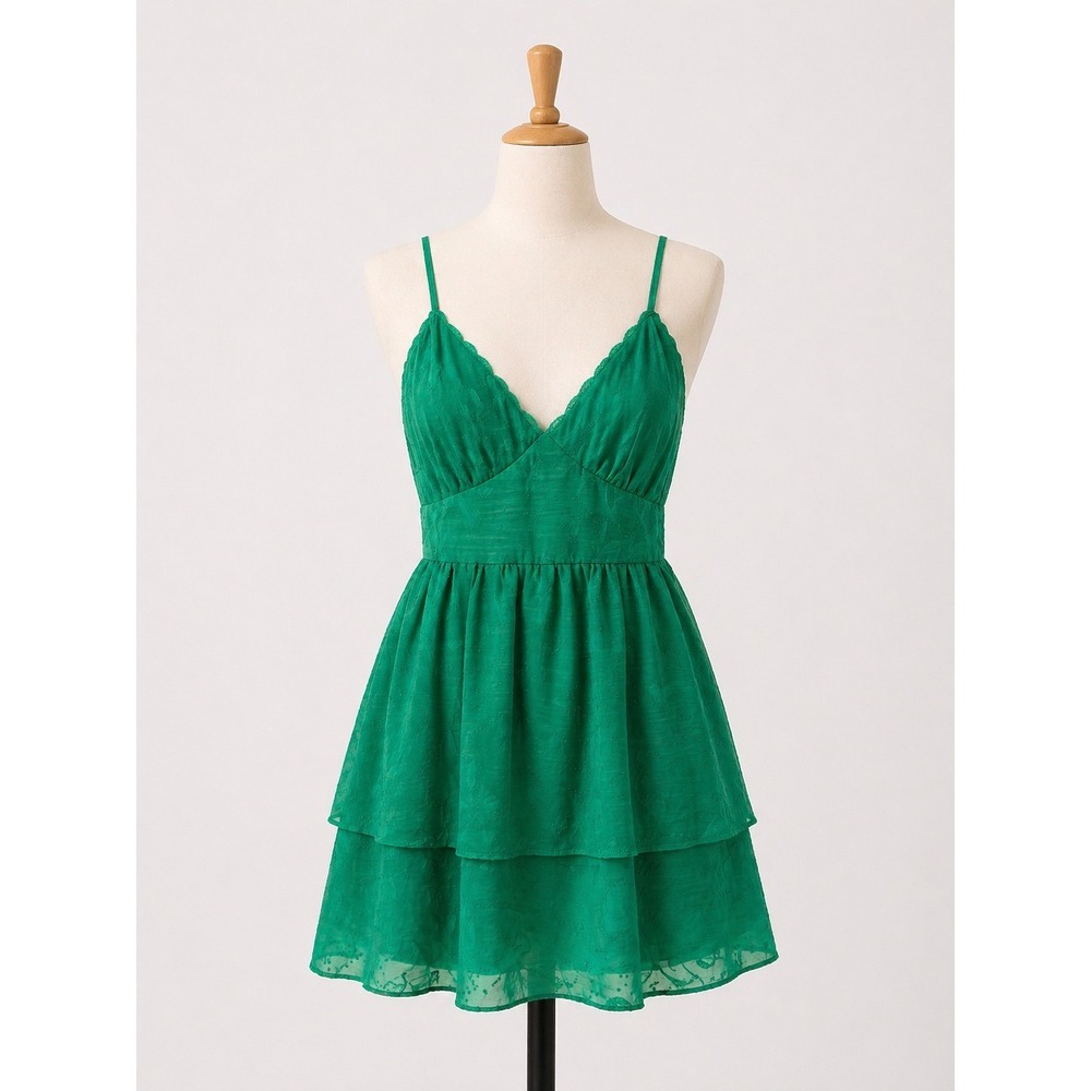 Wild Fable Emerald Green Tiered Mini Dress Beach Chic Cottage Core Medium NEW